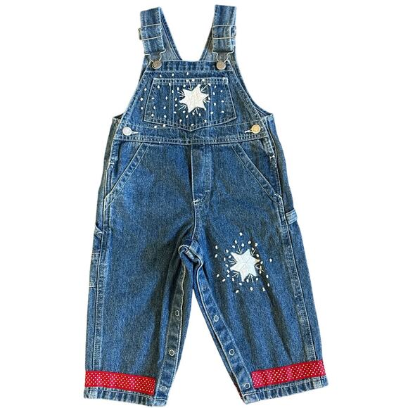 Yummy Kids Upcycled Denim Embroidered Winter Reindeer Snowflake Overalls Size 2T - Picture 1 of 6